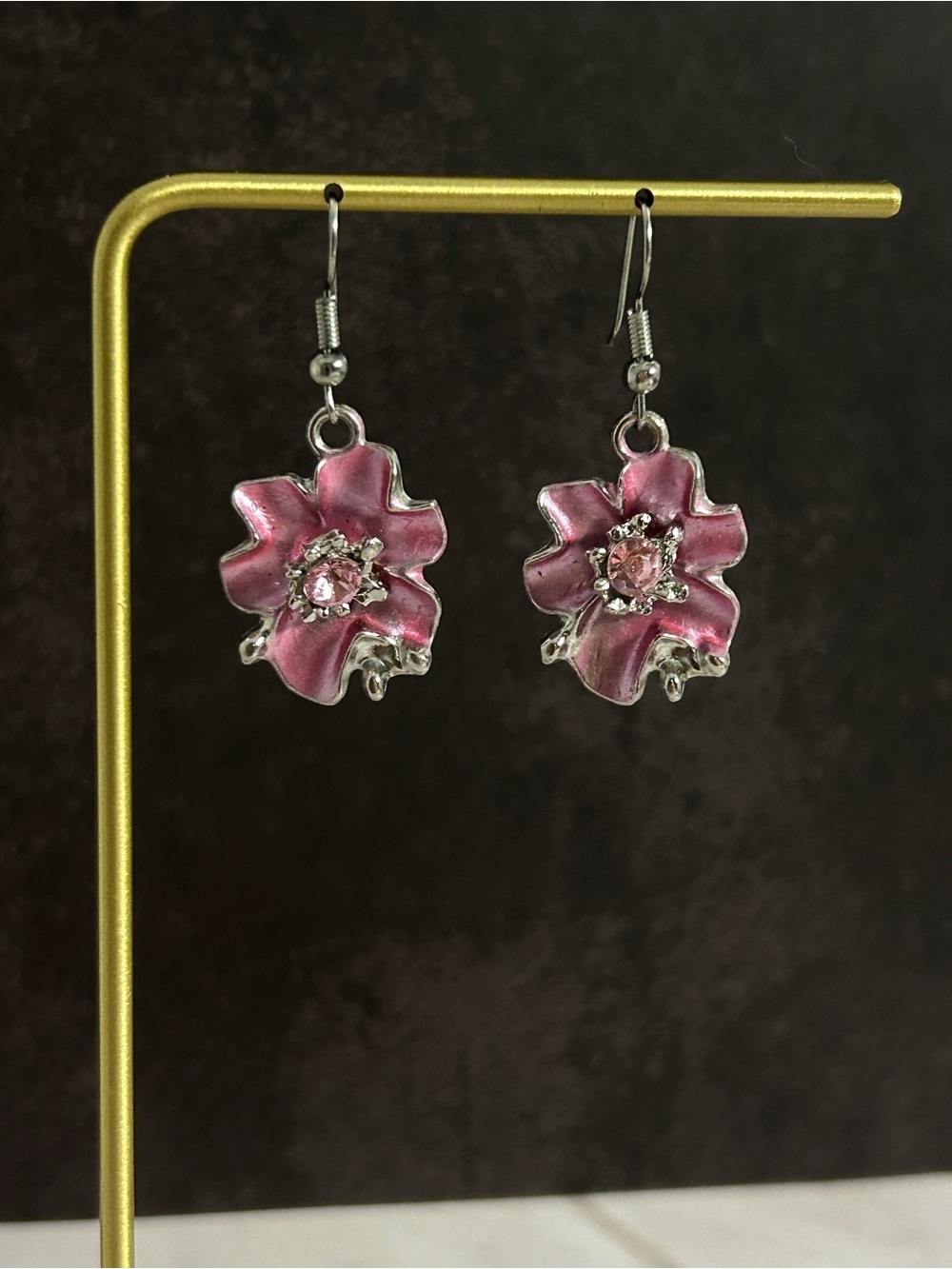 Pink Flower Dangle Earrings with Crystal Centers